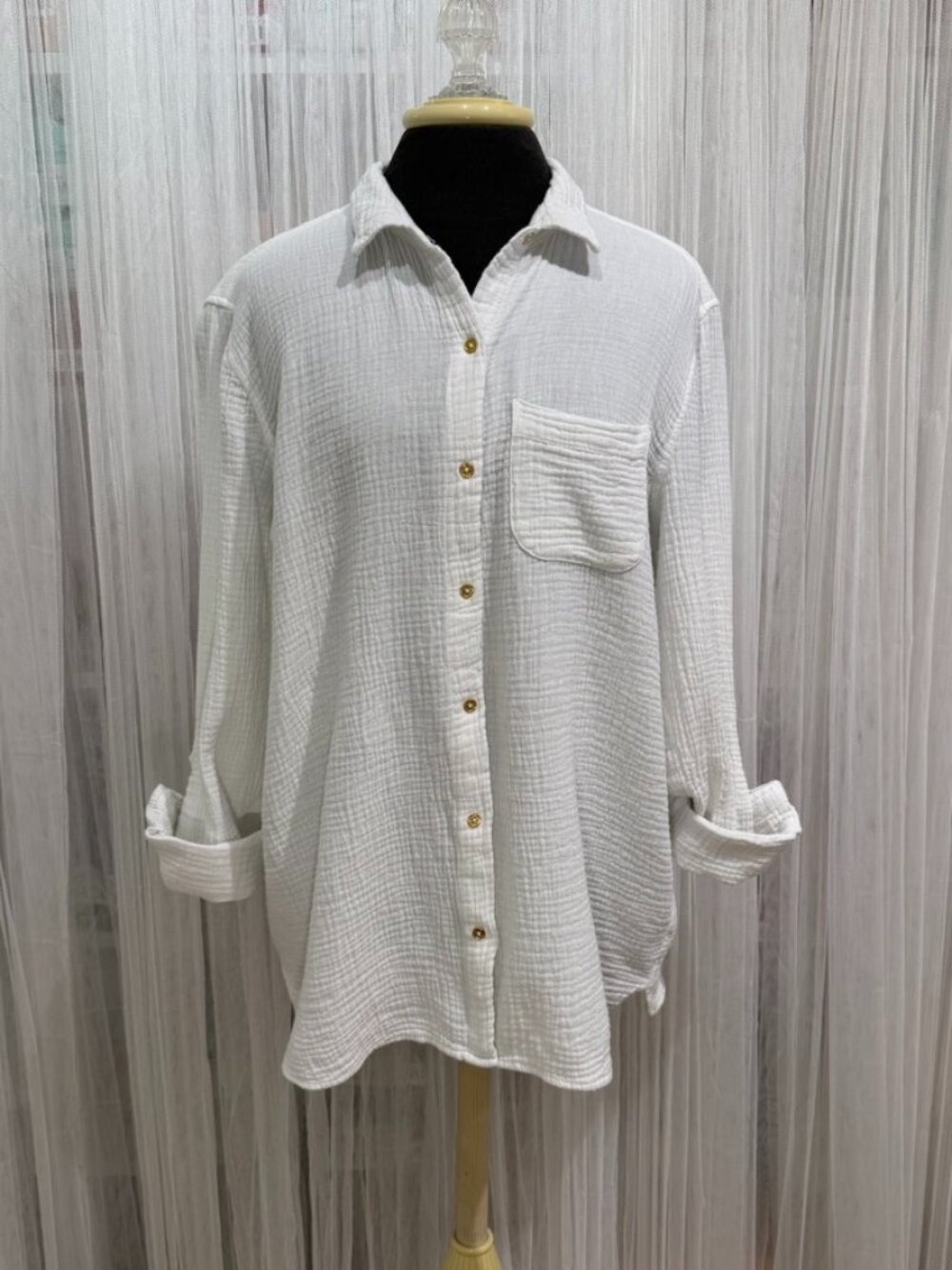 Anne Klein Jeans Lucile Gauze Button Front Shirt Women's Large White 100% Cotto